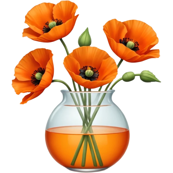 three big realistic orange poppy flowers in a clear vase with clear water emoji