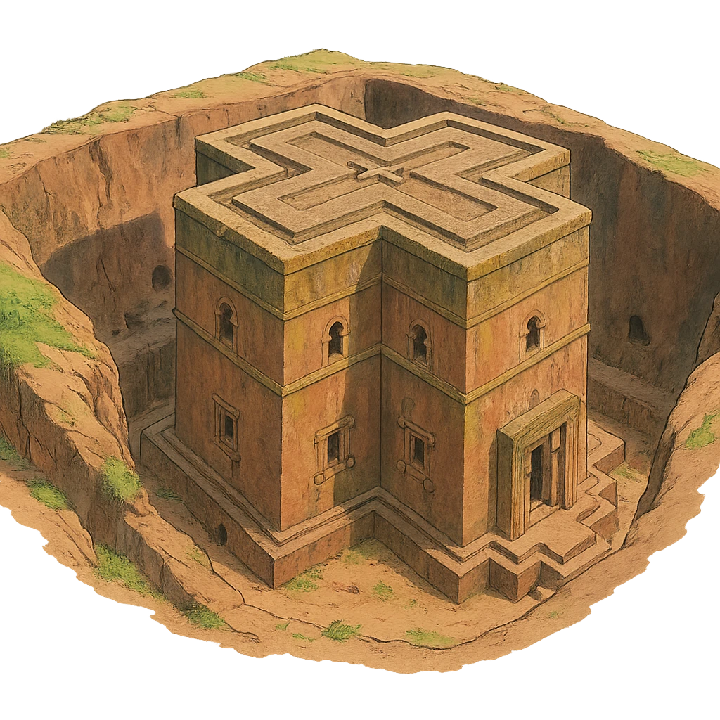 Create the rock hewn Church of Saint George in Lalibela, Ethiopia into a Ghibli style. Make it HD and precise. emoji