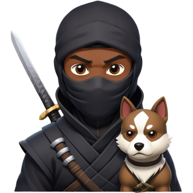 clash-of-clans-aesthetic_-cinematic-mysterious-male-ninja-portrait-emoji, rendered in a flat, vector-style with minimal shading and bold, simplified shapes,   with a head slightly turned revealing intense, focused eyes. the ninja is accompanied by a Ninken dog emoji