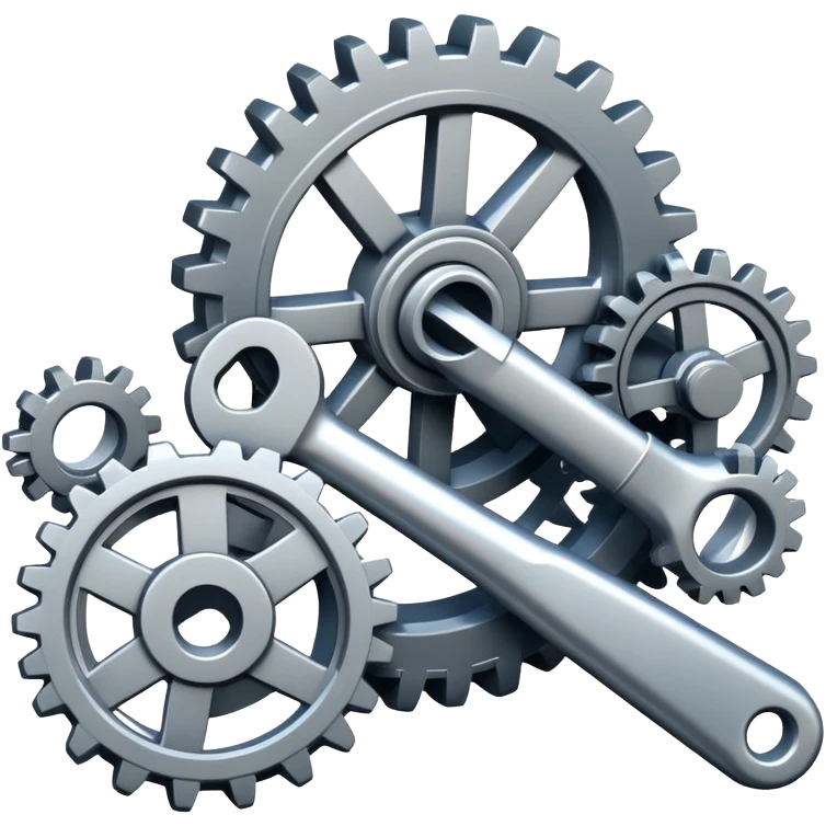 An icon featuring gears, a wrench, and mechanical blueprints, symbolizing mechanical engineering. The design includes pistons, turbines, and technical drawings, representing the design, construction, and operation of machinery. Transparent background  emoji