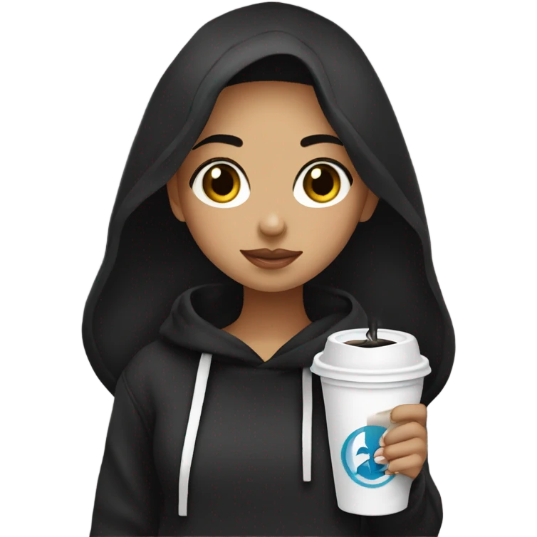 Girl with black hair and wearing black Hoodie and drink black caffeine ￼ emoji