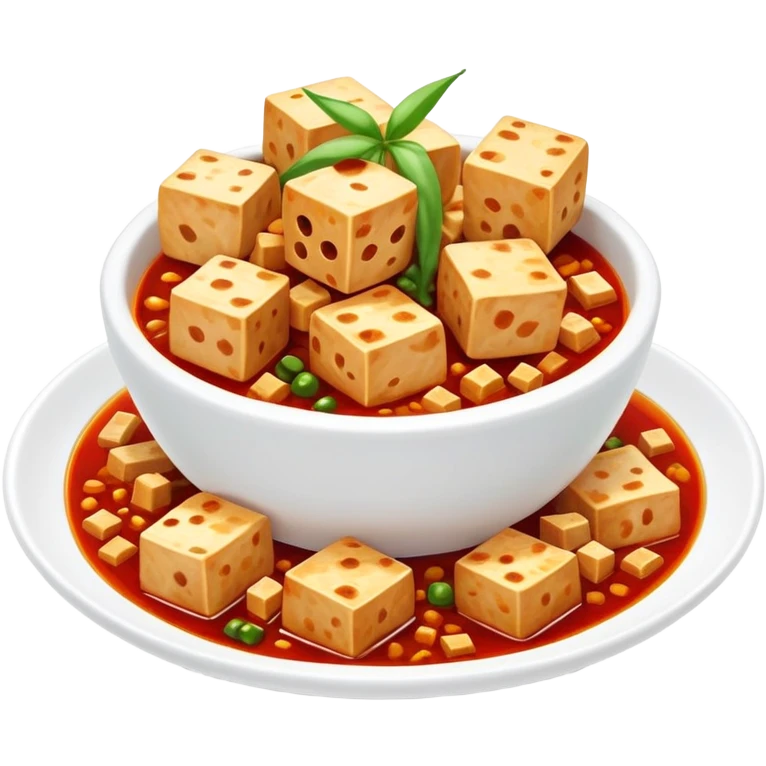 Sichuan Mapo Tofu spicy red dish with tofu cubes, simplified emoji style with bold outlines and bright colors, cartoon style national famous Chinese cuisine emoji