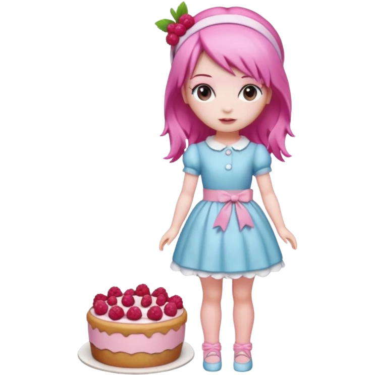 Isolated detaile illustration modern raspberry torte doll figurine full body with pink hair and a pink berry hairband standing emoji