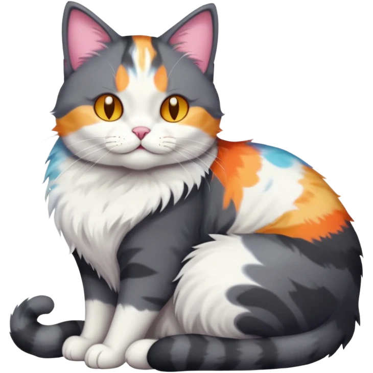 full body large dark grey and white cat cuddling a colourful light patched calico + white tabby cat  emoji