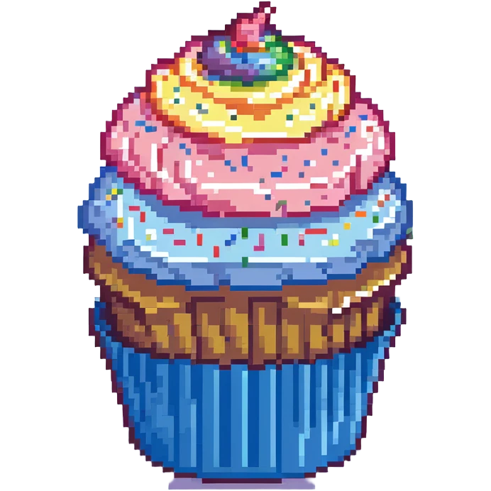 large cupcake with pink frosting, rainbow sprinkles, blue cupcake wrapper, pixel art style emoji
