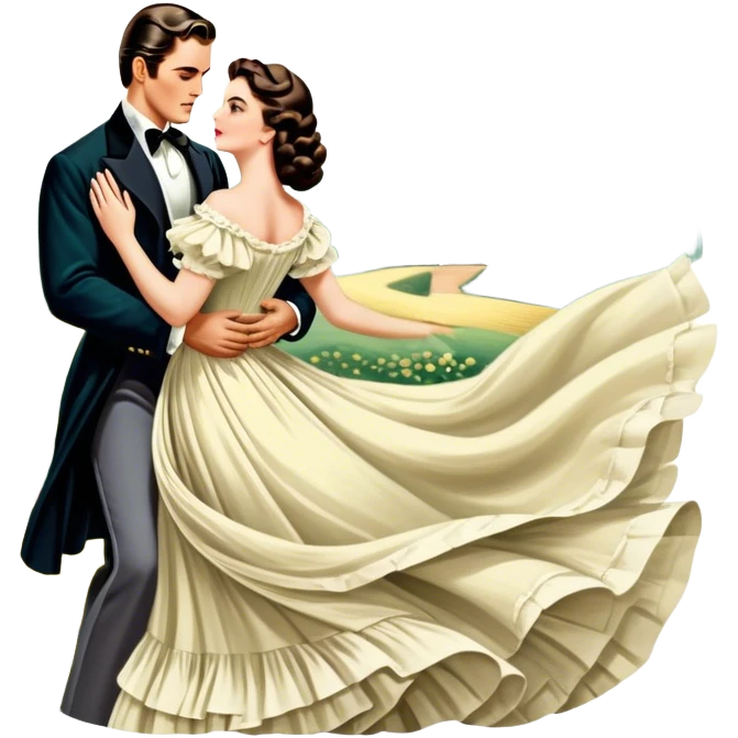 Icon for Romance Movie: A vintage movie poster-style design inspired by Gone with the Wind. Include romantic, sweeping imagery like Scarlett O'Hara in a flowing dress, Rhett Butler, a plantation backdrop, and fluttering wind-blown fabric. Soft, nostalgic cinematic feel. Transparent background. emoji