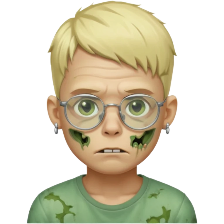 make a blond zombie boy, with a tired appearance, he wears frameless glasses, and 1 earring in each ear, a point of light earring style emoji