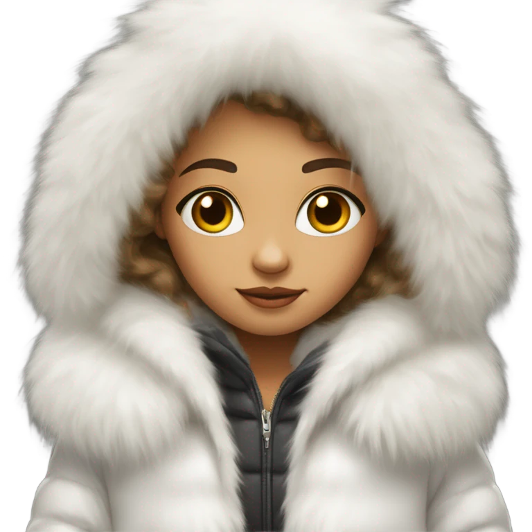 Girl in a extremely big fluffy oversized white fur coat with hood on. The fur is real and it’s very obvious big and fluffy  emoji