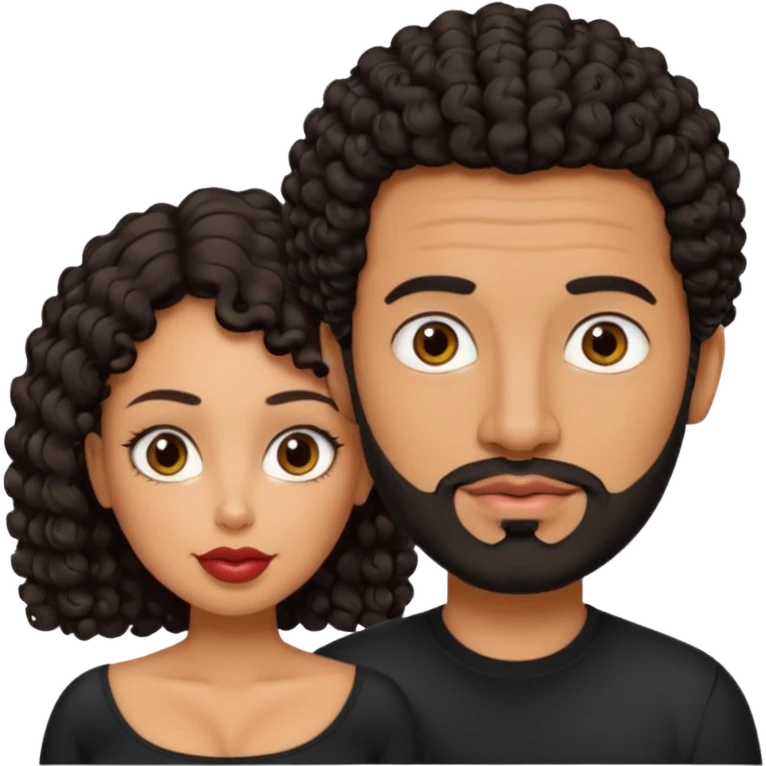 A picture of a tanned couple. the man is a Mexican man with tanned skin, black hair, a bald hair cut, short beard and wearing a black shirt. the woman is mixed, with curly medium length hair, with big boobs and lips  emoji