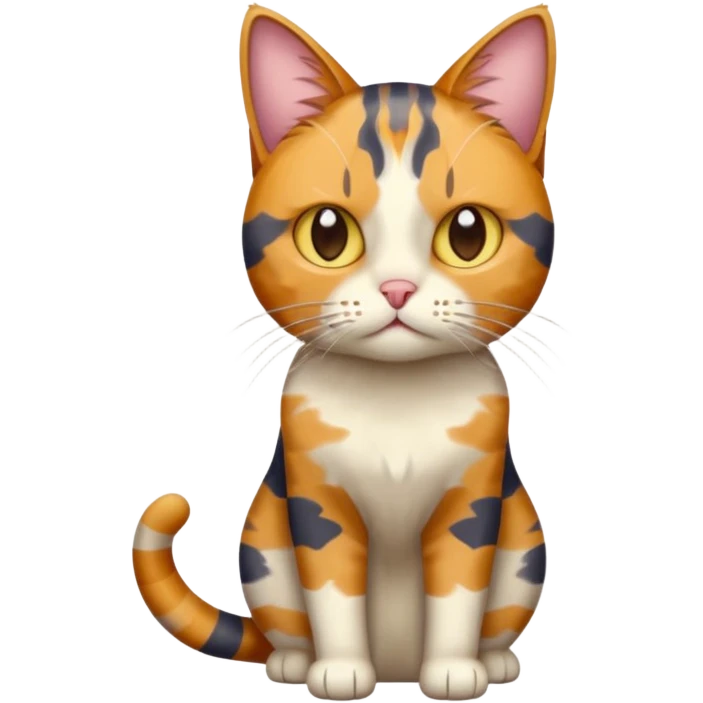 full body colourful calico tabby cat with disproportioned head with an anxious face emoji