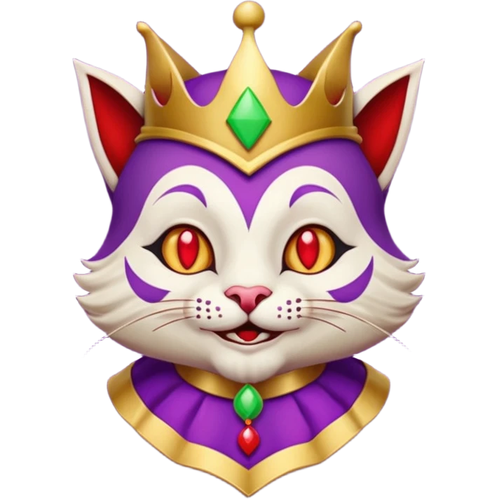 crazy colorful cute little cat jolly joker from poker, medieval, vintage, court jester, mac os icon, purple, gold and red color, half body emoji