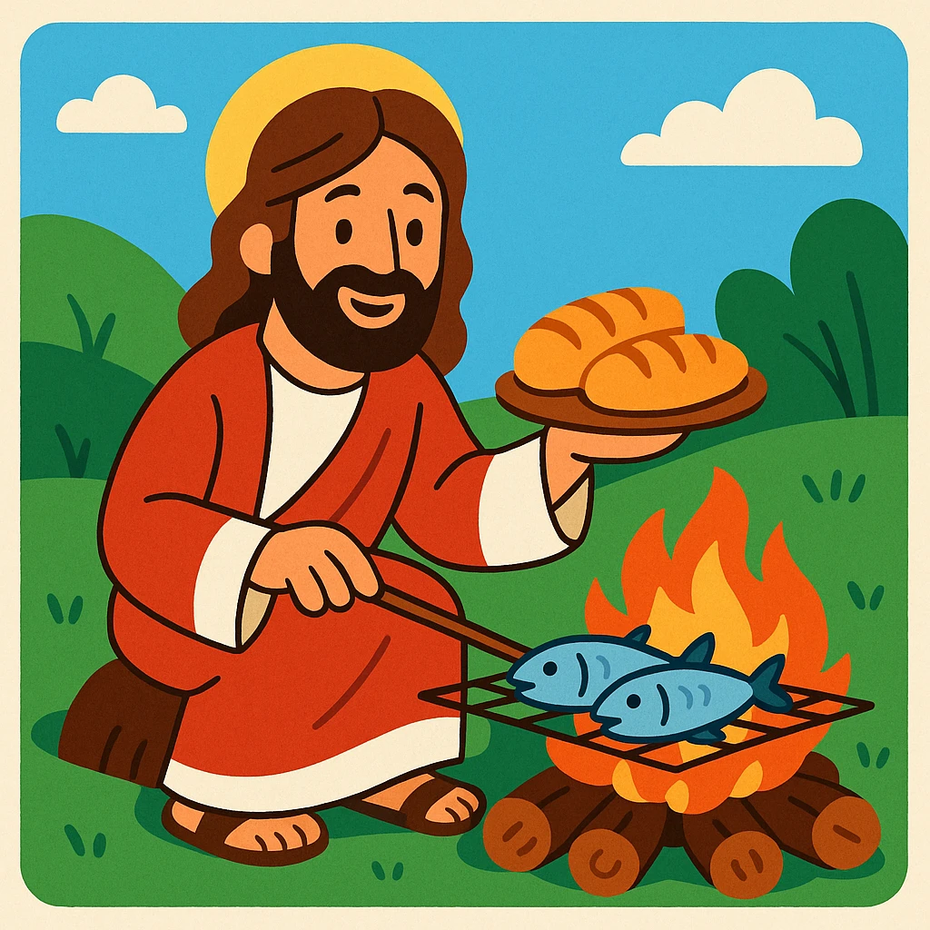 Jésus cuisinant du pain et des poissons sur un feu de camp, Jean 21, style cartoon doux, ambiance conviviale emoji