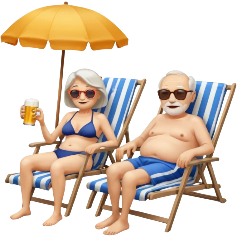 an emoji that shows elderly one slim woman in bikini and one man with dickbauch in bath shorts, both are retired and are lying in sun-chairs at the beach to recover from retiring-stress emoji
