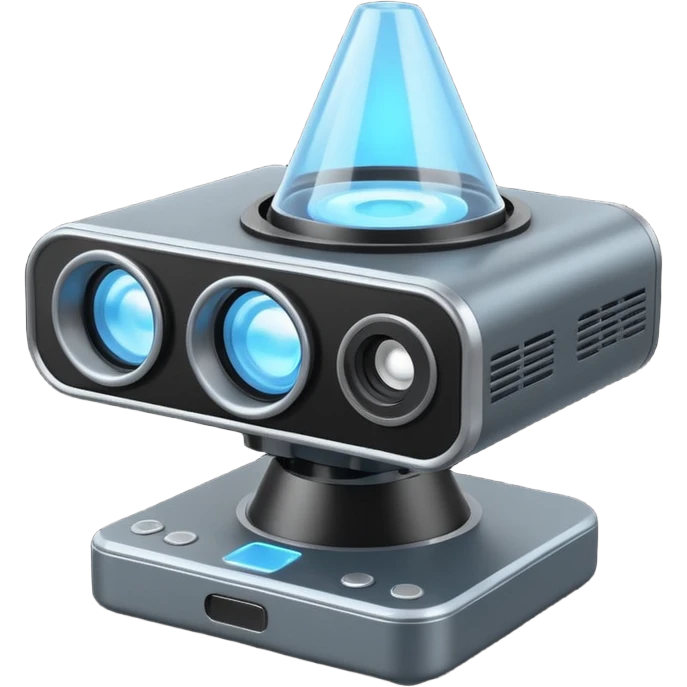 Flat emoji of a wrist-mounted hologram projector emitting a soft blue light cone, simple shapes, modern sci-fi style emoji