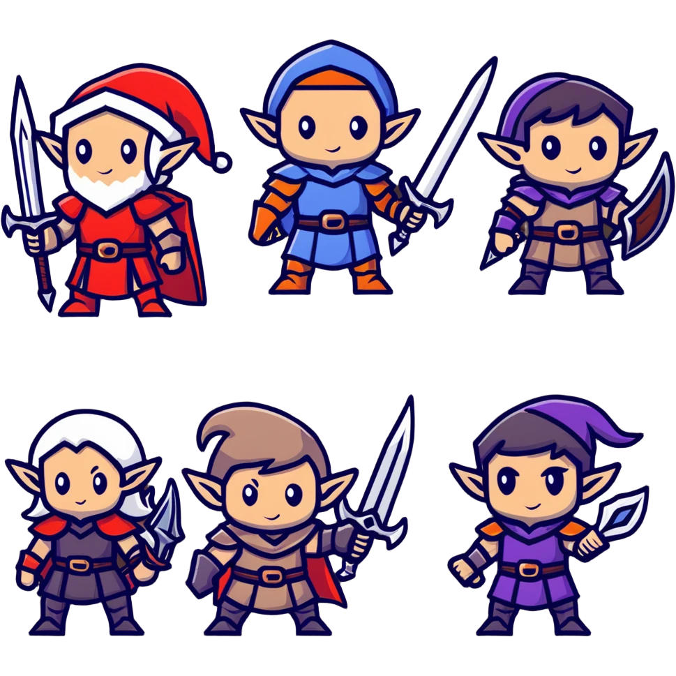 Lineage 2 character group with Human knight, Elf archer, Dwarf fighter, and Dark Elf mage emoji