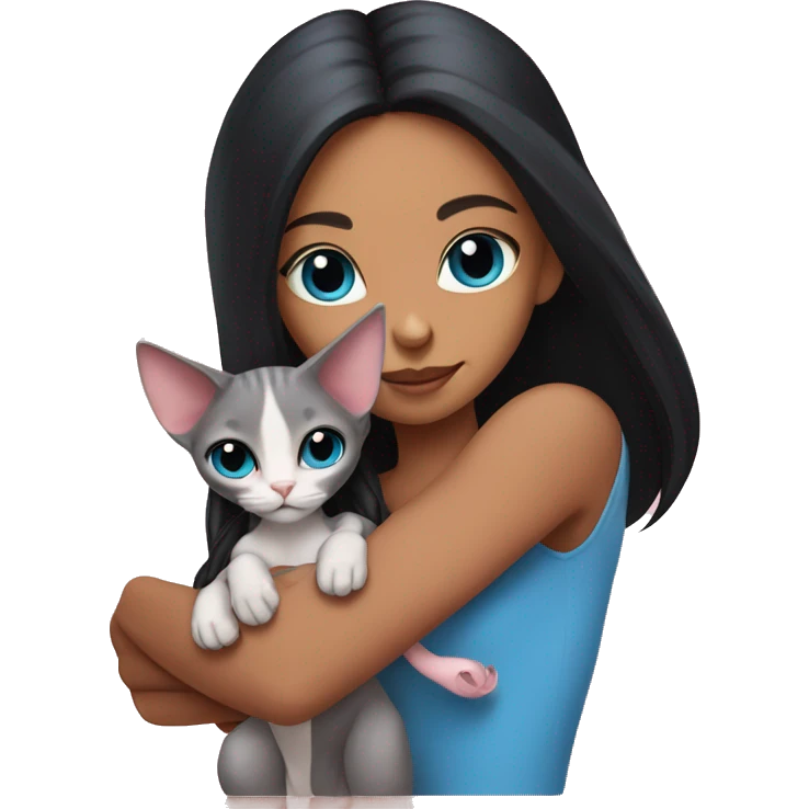 A girl with long black hair holds a pink sphinx cat with blue eyes in her arms emoji