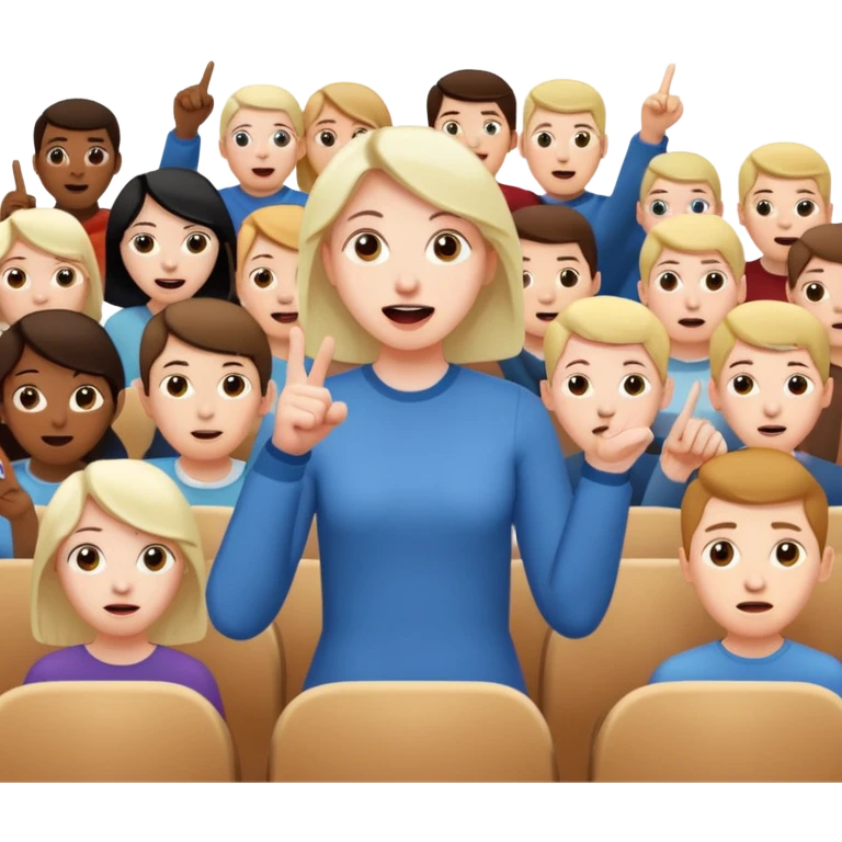 A person in the front row feeling scared, with the audience HAPPY AND POINTING FINGER. emoji