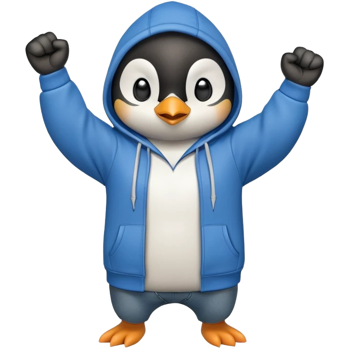 determined anthropomorphised penguin in a hoodie and jeans with fist raised, energetic pose emoji