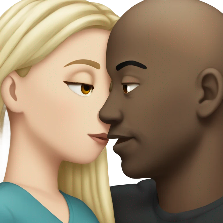 White girl dark hair kissing bald half black man emoji