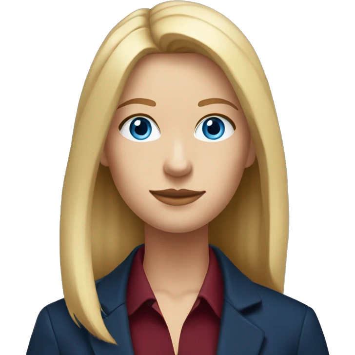 portrait of an adult girl, blue eyes, straight long bob blond hair, dark blue jacket suit, burgundy red collar under emoji