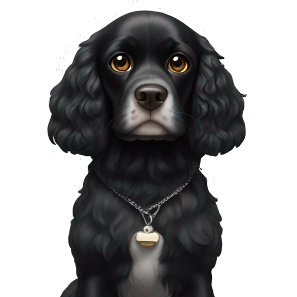 Small completely black king spaniel with black fur on his whole face and white stripe on chest emoji