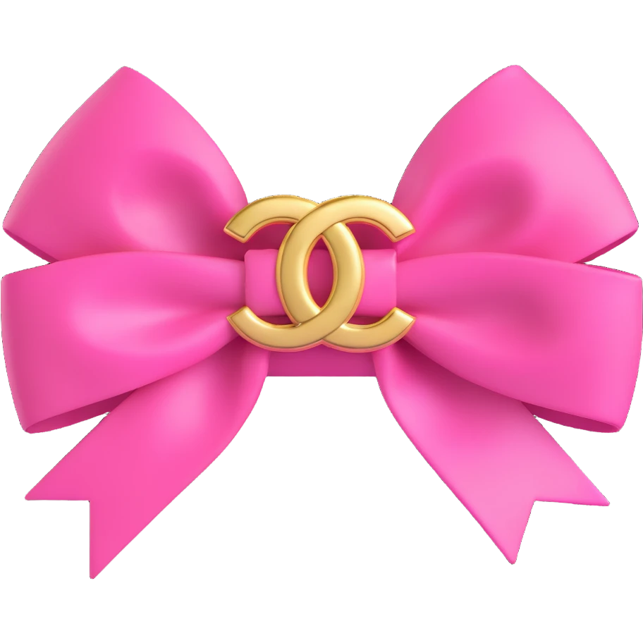 Add a gold Chanel logo to the pink bow, keep it luxurious, glossy, 3D emoji style. emoji