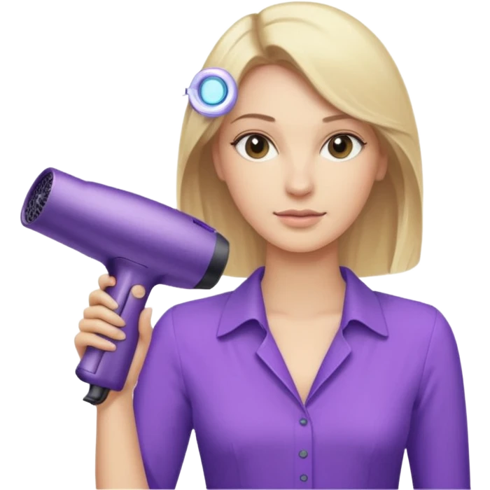 blonde woman in beige blouse holding a purple Dyson hair dryer, iOS emoji style emoji