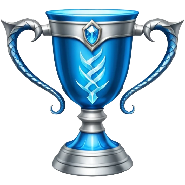 exact movie-accurate Triwizard Cup from Harry Potter, wide chalice with angular facets, two distinct silver snake handles curving upward, bright blue glow inside emoji