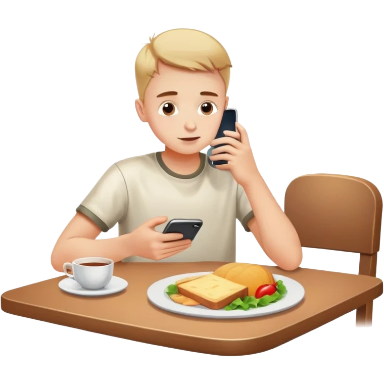 Polish boy leaning over lunch table standing up on his phone emoji