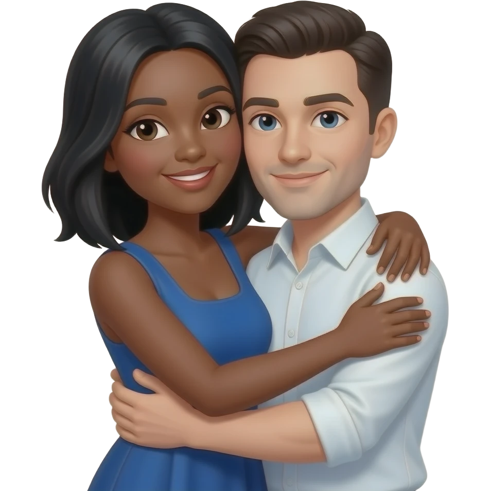 Taller black woman hugging shorter dark haired and black eyed white man emoji