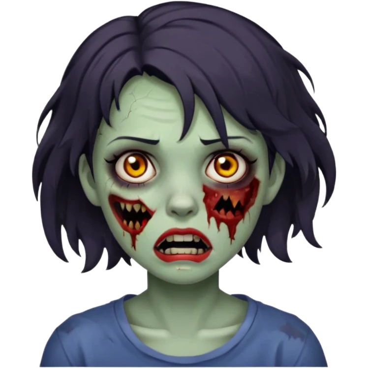 Zombie girl with bruises, she has a dark short wavy hair, she has a tired expression and dark eyes, she has dark circles too, her mouth is ripped emoji
