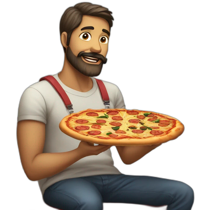 hombre con barba comiendo pizza junto a su perro emoji