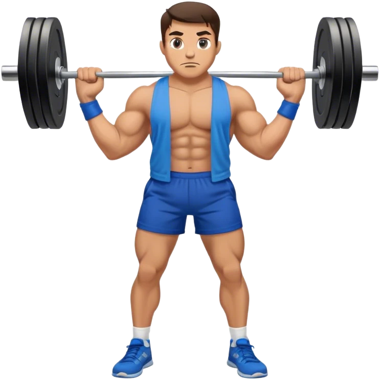 brunette buff man with blue shorts barbell-shrugs emoji