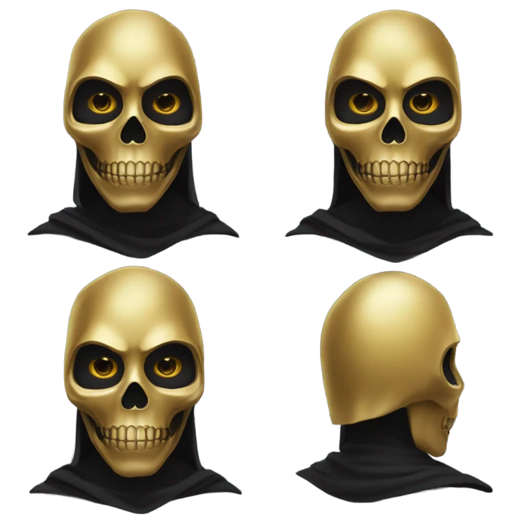 Hunter in black cape and a perfect gold skull jaw mask from death Stranding, full body front and back emoji