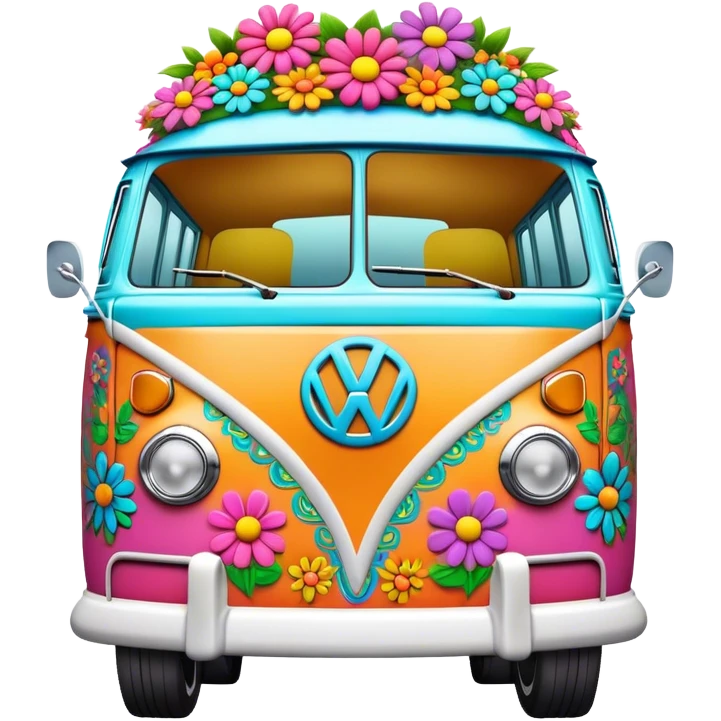 3D, psychedelic colored VW Van hippie style with flower border emoji