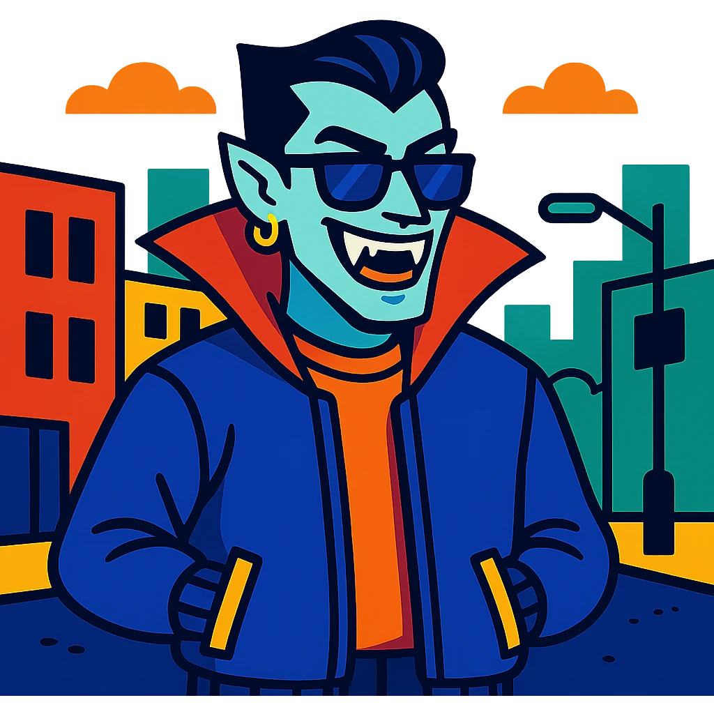 cool Dracula, streetwear, fangs showing, urban background emoji