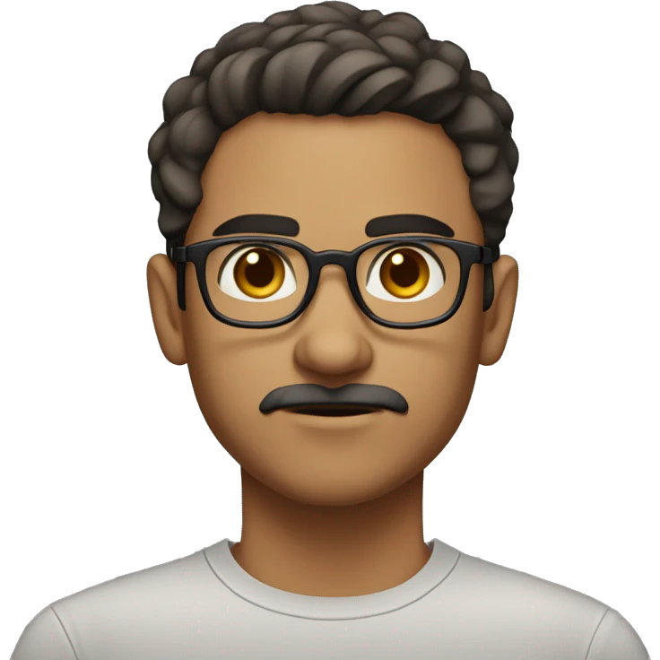 A young man with light skin, short dark hair that looks slightly damp, and a trimmed mustache with stubble. He has round, black-rimmed glasses framing his focused eyes. His dark eyebrows are defined, giving him a serious and concentrated expression. emoji