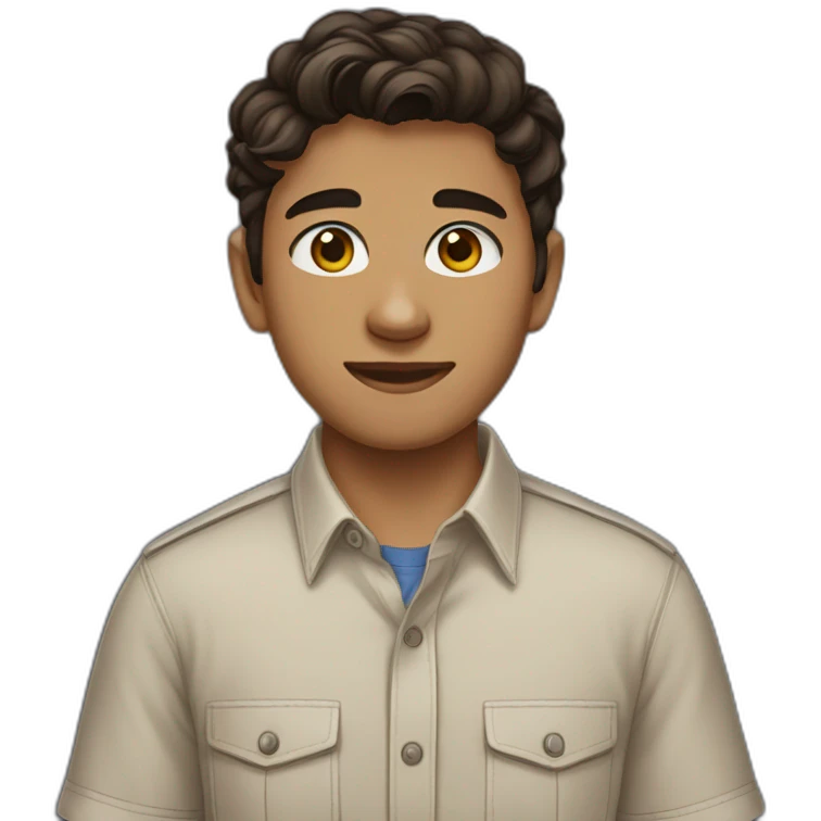 teenage boy with dark brown hair, brown eyes, wearing a short sleeve button down shirt with a trans flag pin emoji