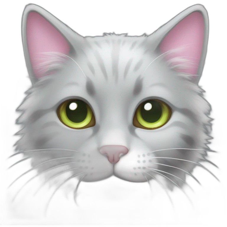 fluffy dark grey cat, small ears, pink nosel, light green eyes, white long whiskers, white spots near the nose, white breast, the cat's fur is soft. emoji