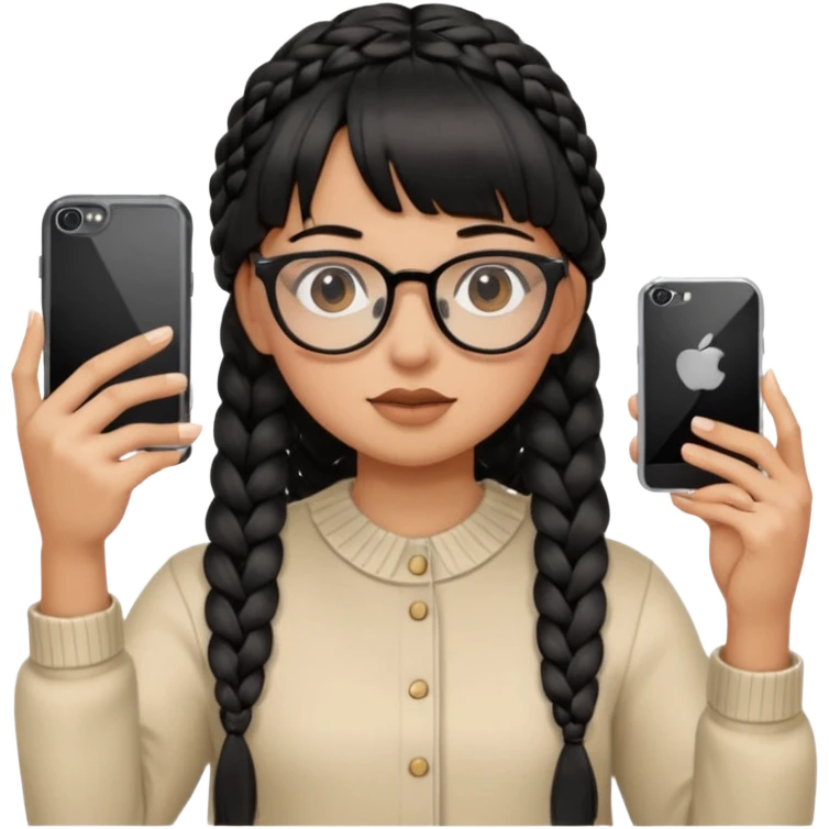 Wearing black braided hair, full bangs, and eyeglasses, taking a mirror selfie with an iPhone emoji