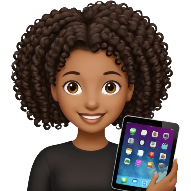 Dark brown Black girl with curly ponytail holding ipad emoji