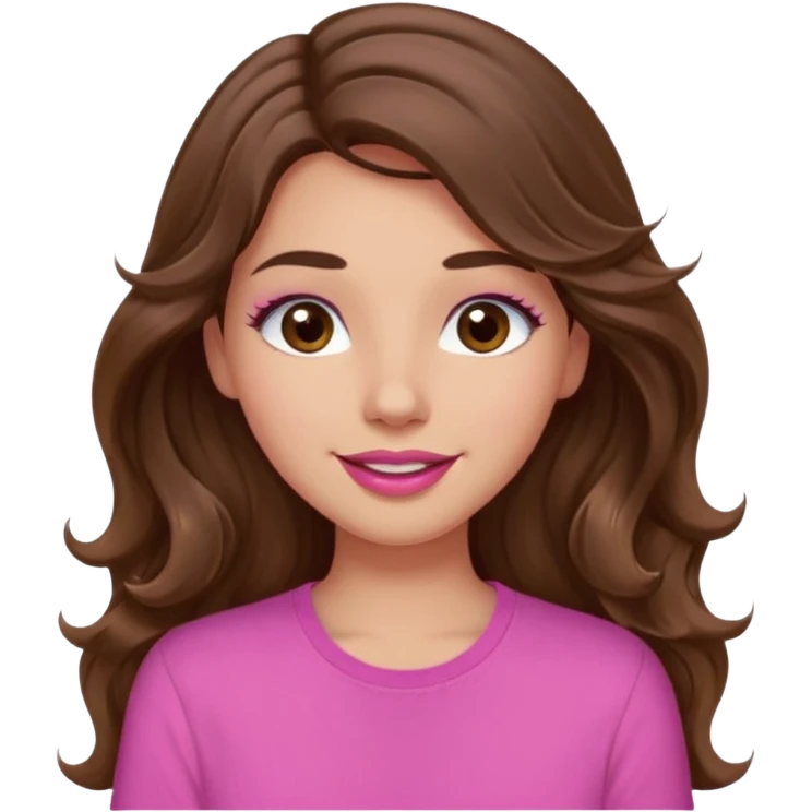 girl with long wavy brown hair, brown eyes, light to medium complexion, in a pink shirt, pink lips, long lashes, puckered lips, hallelujah emoji