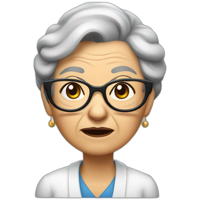An elderly woman with raised eyebrows and a dissatisfied face. She has dark hair that is pulled into a bun at the back and she is wearing cat-like glasses. emoji