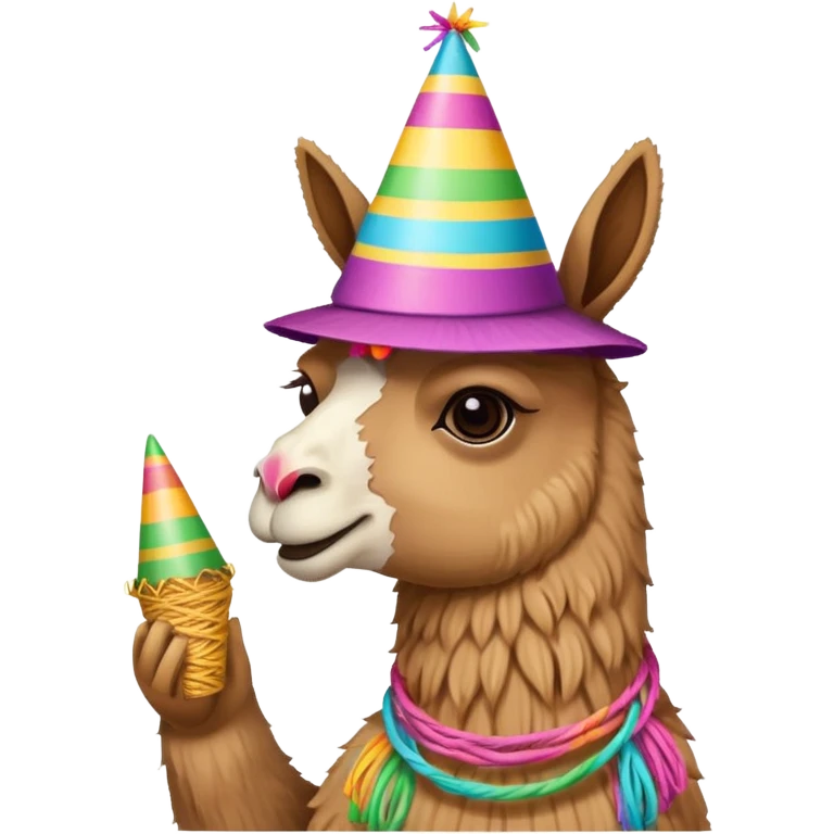 Lama eating yarn while wearing a party hat emoji
