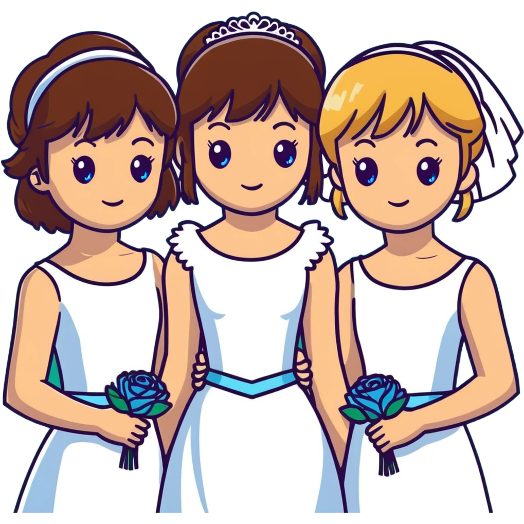 bachelorette party group of 4 girls, one with brown hair, blue eyes, fringe; two with brown hair; one bride with green eyes, blonde shoulder-length hair emoji