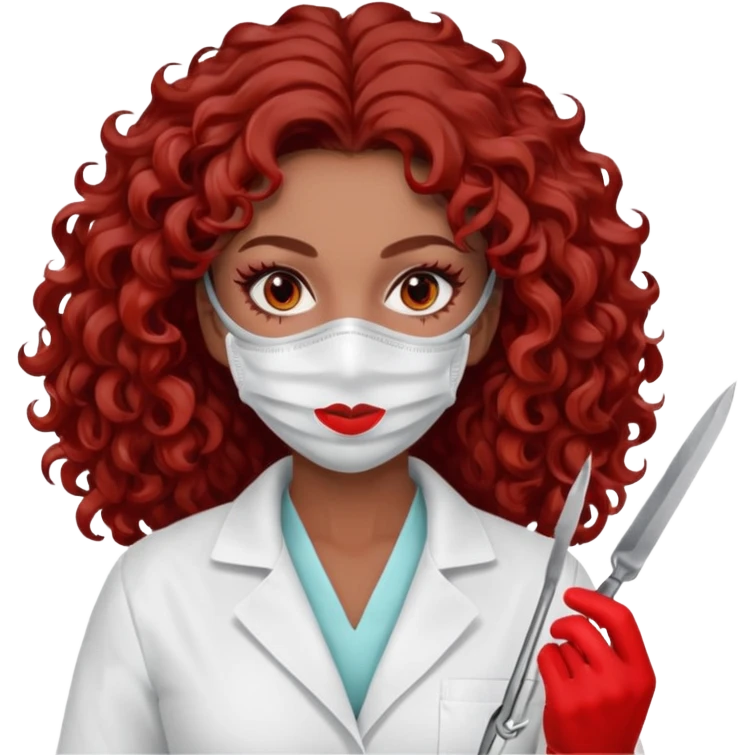 Scary woman scalpel in hand, evil surgeon sexy surgeon clothes.  She has red eyes. Her  brown long curly hair. Wears sexy doctor outfit with red gloves. make her hair free and brown but have mouthy  wear  mask  to hide. Wears white surgeon jacket and  has lon* brown hair. emoji