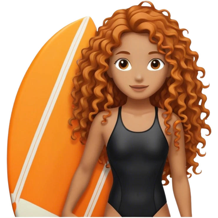 Surfer girl with black swimsuit and orange surfboard and long curly hair emoji