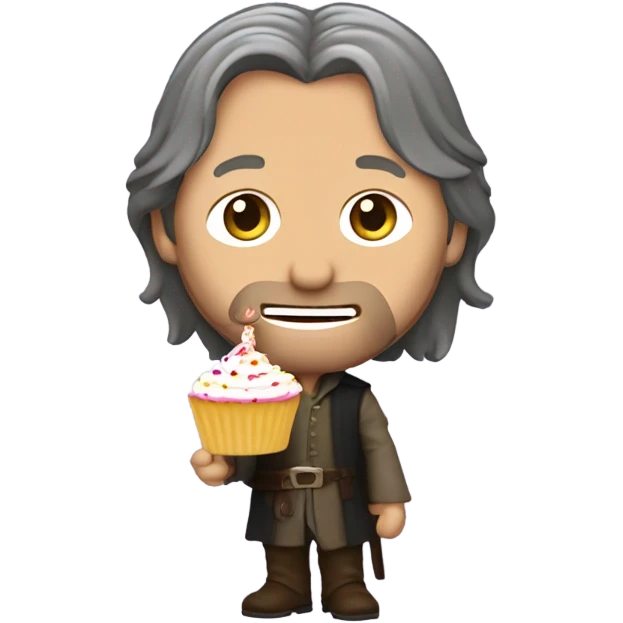 Viggo Mortenson as Aragorn holding a cupcake with a birthday candle in it emoji