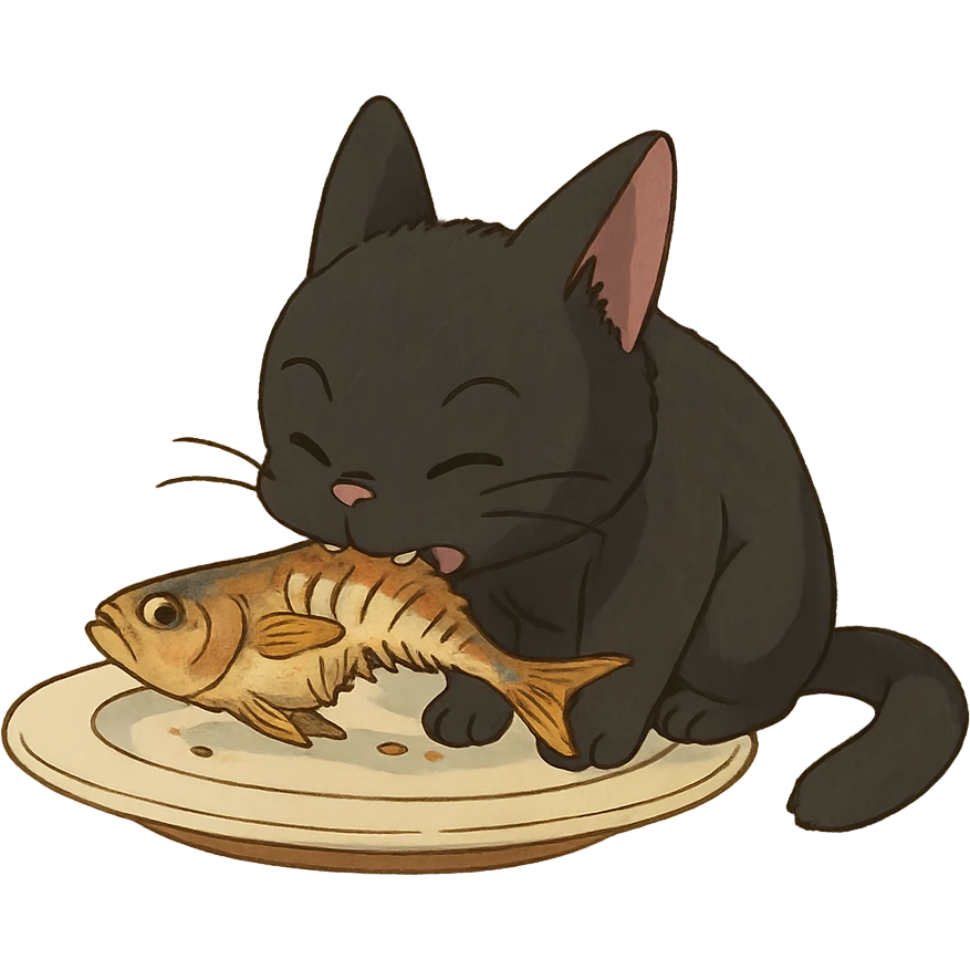 ghibli style gato a comer peixe emoji