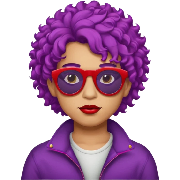 purple haired, curly big haired mexican boy with red sunglassess, vrey cool and lipstick emoji